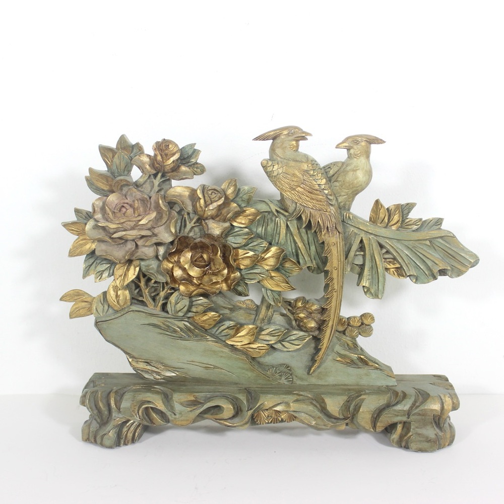 Carved and Painted Gilt Wood Sculpture for Mantle or Bookshelf Styling Birds